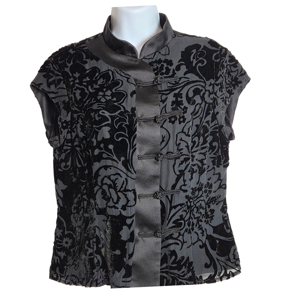 Vintage XSCAPE Velvet Burnout Frog Toggle Mandarin Black Top Whimsigoth Witchy